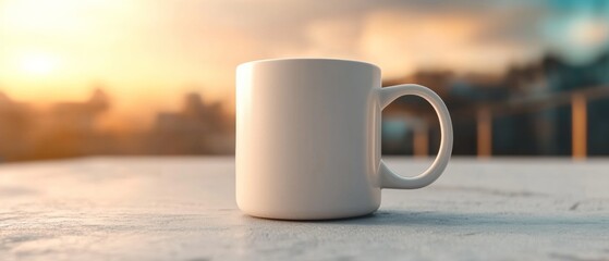 A serene sunrise scene featuring a white coffee mug on a table, symbolizing comfort and relaxation.