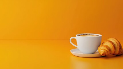 Obraz premium Delicious coffee and croissant on a vibrant orange background with ample copyspace for text or design elements