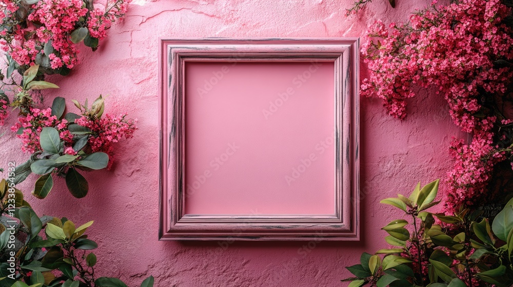 Aufkleber elegant empty frame surrounded by pink flowers and foliage on a textured pink concrete background id