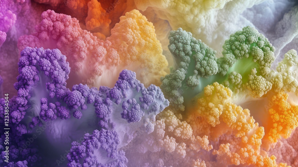 Poster Colorful Microbial Life Representing Broccoli Clouds in a Vibrant Atmosphere with Abstract Patterns and Organic Textures