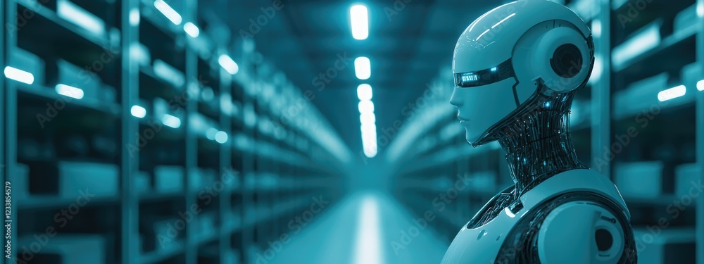Poster warehouse automation and ai technology with modern robot in futuristic storage facility featuring em