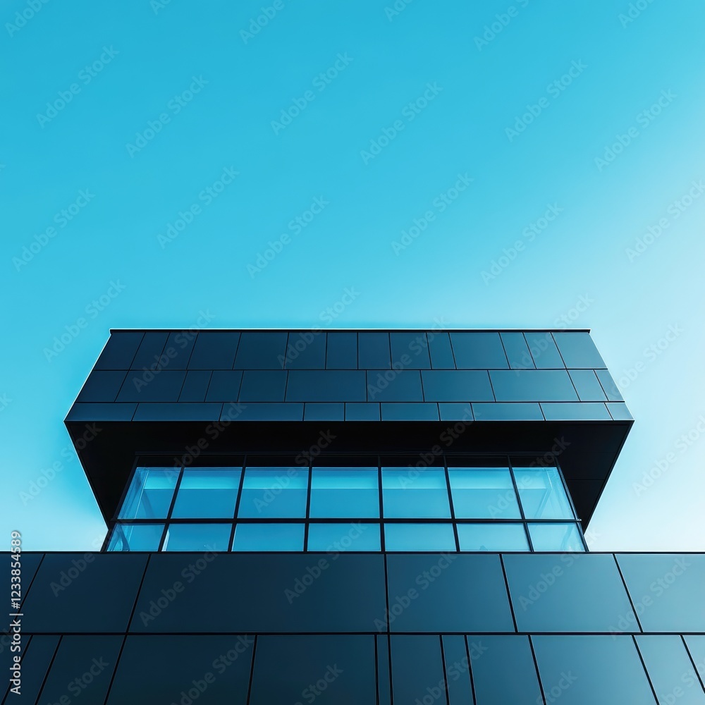 Poster Modern architectural design featuring sharp angles and clean lines against a bright blue sky highlighting geometric shapes and window details.