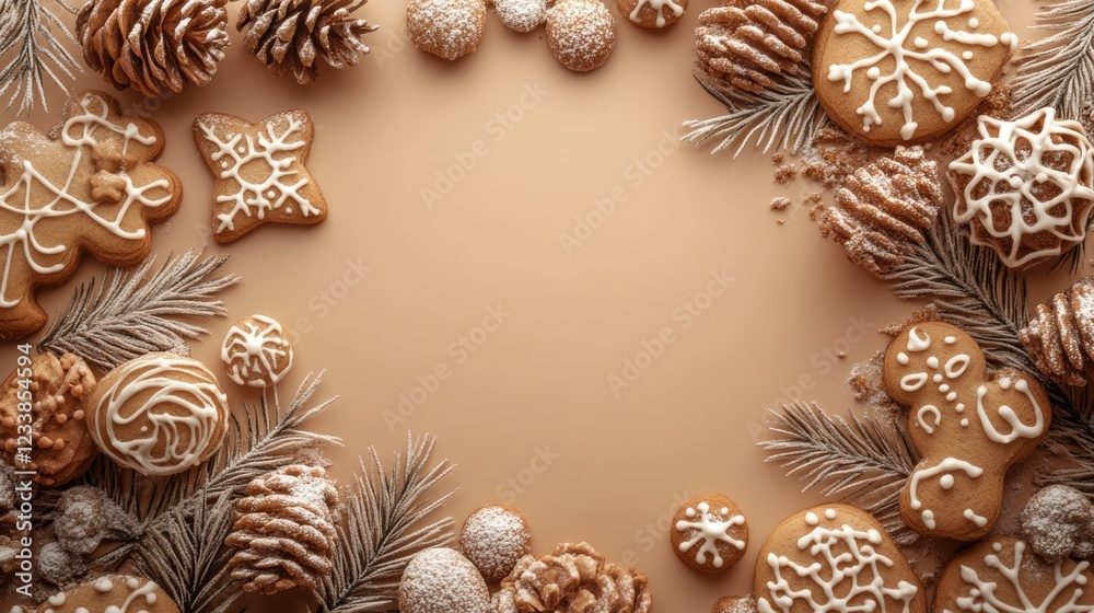 Poster festive gingerbread cookies surrounded by pine cones and decorations with blank copy space for holid