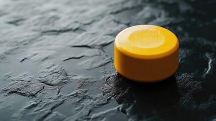 Glossy yellow dumbbell on textured black surface with ample space for fitness related text and advertising purposes.