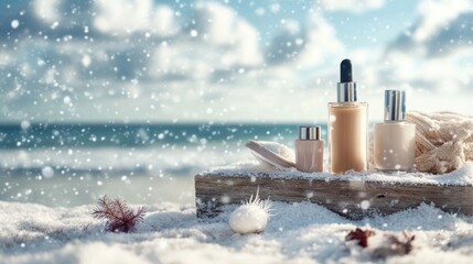 Winter beach scene featuring snow-covered table with assorted cosmetics and space for text against a blurred ocean and cloud background.