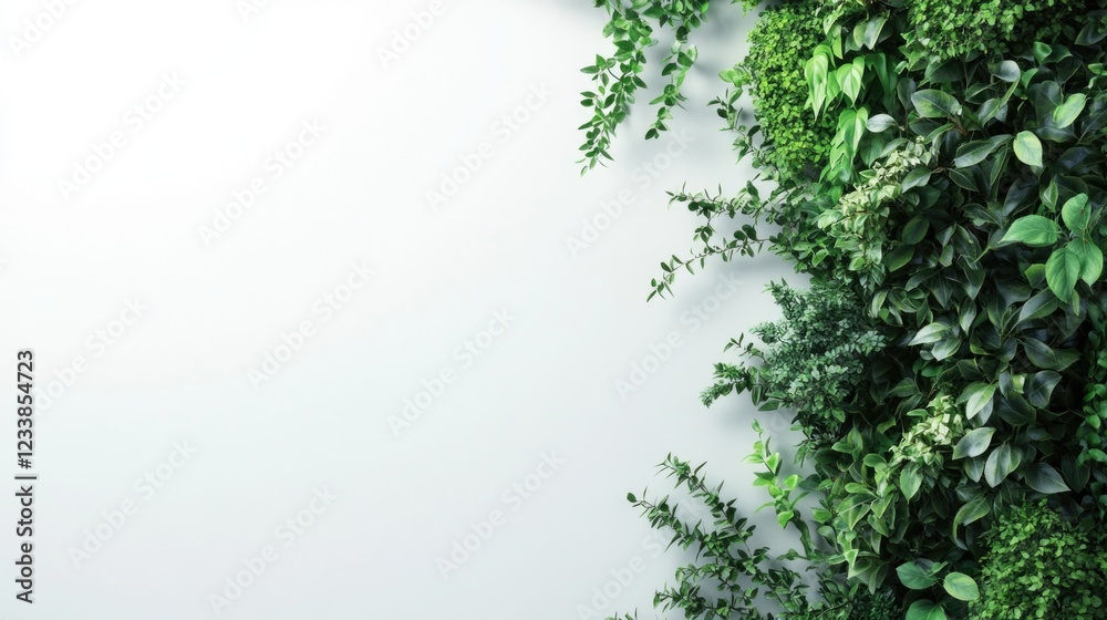 Poster Lush wall mounted plant display with vibrant greenery and ample empty space for text on a clean white background