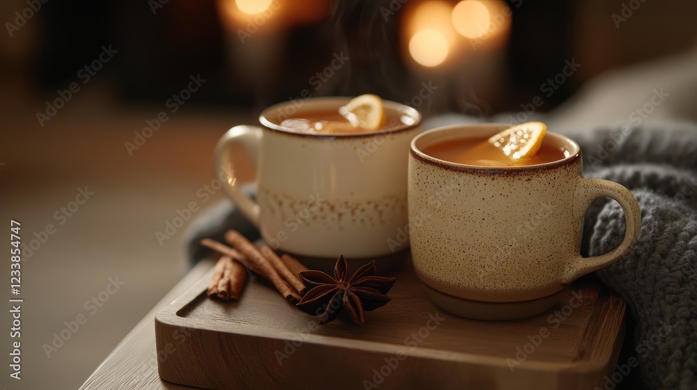 Poster cozy setting featuring two steaming cups of mulled wine decorated with citrus and spices on a wooden