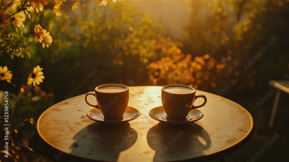Poster Two cups of coffee on a garden table during spring bathed in warm golden hour light creating a serene and inviting atmosphere