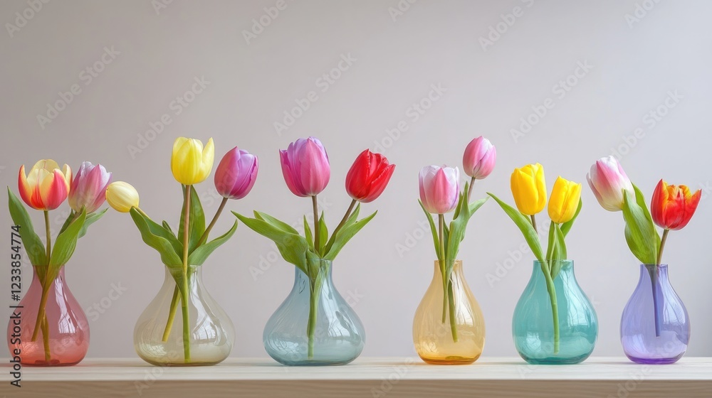 Aufkleber Colorful Tulips in Various Glass Vases on a Shelf with Empty Space for Text or Branding in a Bright Minimalistic Setting