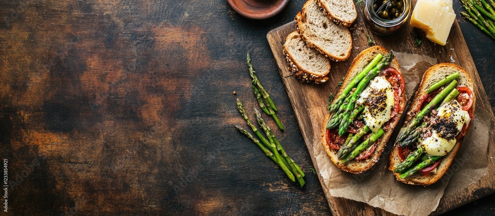Poster Gourmet sandwiches with asparagus and cheese on rustic table featuring spicy ingredients and ample copy space for text horizontal format