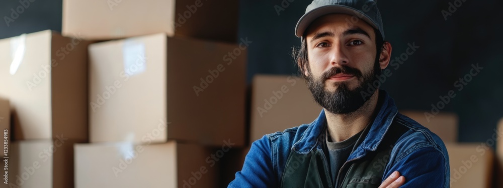 Poster warehouse worker in front of stacked boxes with empty copy space for text or branding in a logistics