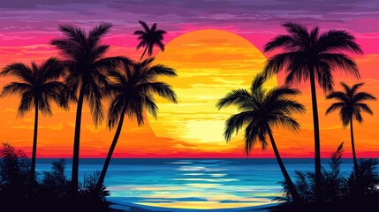 Tropical sunset with vibrant palm trees silhouetted against a colorful sky creating ideal copyspace for inspirational text or quotes
