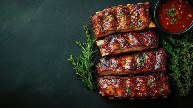 Grilled lamb and pork ribs arranged on a dark green background with sauce and herbs showcasing delectable flavors and inviting copyspace for text