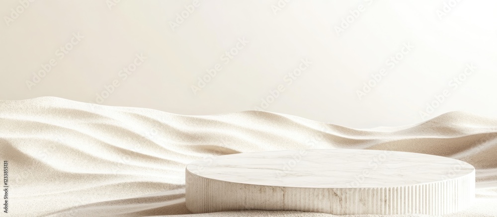 Poster elegant white marble podium in soft sand backdrop with ample empty space for customizable text or gr