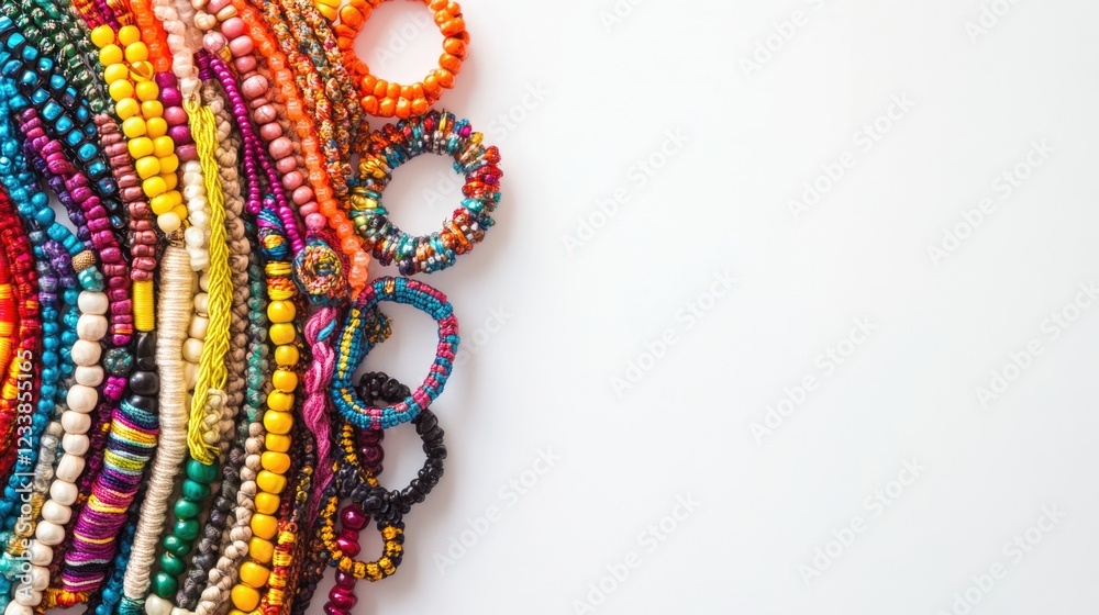 Poster colorful handcrafted bracelets arrange on white background with copyspace for creative text or produ