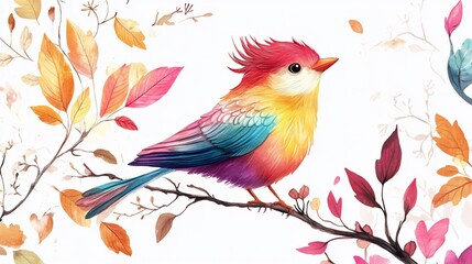 Colorful bird perched on a branch surrounded by fall leaves digital painting