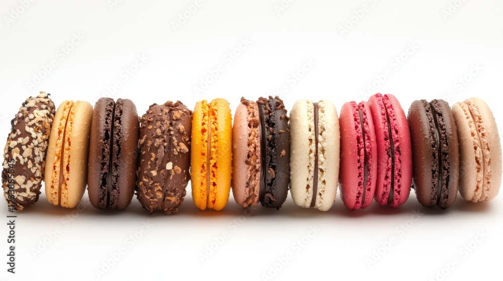 Poster colorful assortment of french macarons on white background with blank space for custom text or marke