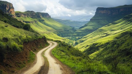 Fototapeta premium Lush Green Valley with Winding Dirt Roads and Majestic Mountain Backdrop Under Dramatic Cloudy Sky