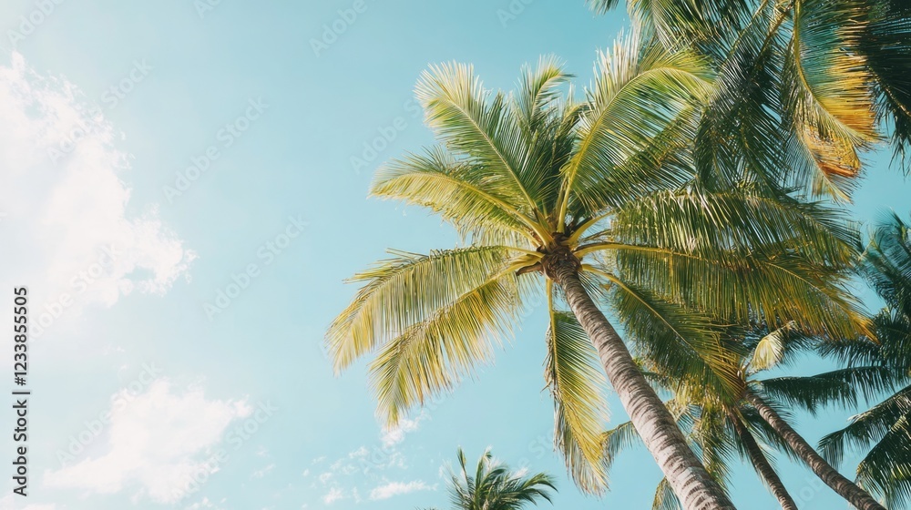 Aufkleber tropical paradise scene featuring lush palm trees against a bright sky with ample space for overlayi