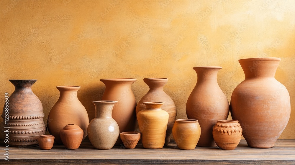 Aufkleber vibrant clay pottery assortment in various sizes and shapes against a warm backdrop with ample space