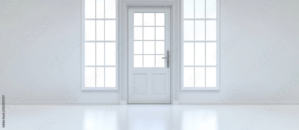 Poster bright empty room with large windows and door ideal for text overlay and minimalist design concepts