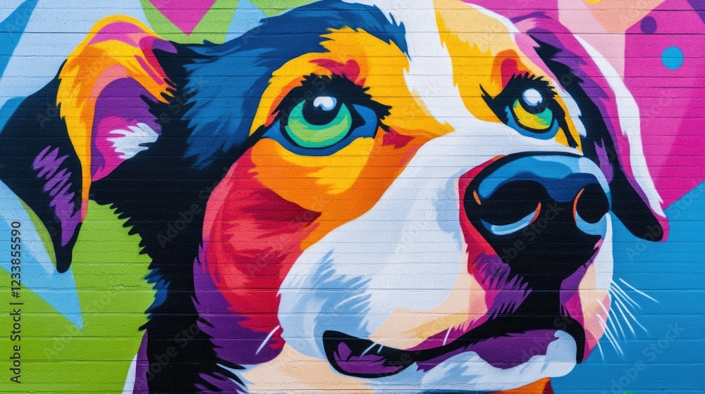 Poster vibrant colorful mural featuring canine portrait against bright background with copyspace for text