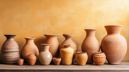 Vibrant clay pottery assortment in various sizes and shapes against a warm backdrop with ample space for text placement.