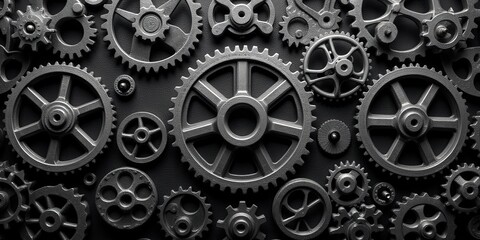 Intricate black and white gears intricately interlock in a mesmerizing circular dance; the central, largest gear anchors this mechanical masterpiece