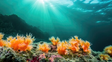 Naklejka premium Colorful Underwater Reef Scene with Vibrant Sea Life and Sunlight Beaming Through Water Providing Empty Space for Text and Design