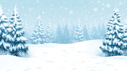 Obraz premium Winter forest landscape featuring snow-covered fir trees with expansive empty space for textual overlay and serene ambiance.