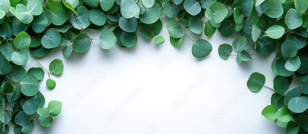 Poster fresh eucalyptus leaves on white background top view greenery for spa decor with blank space for tex