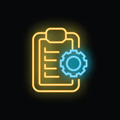 Neon clipboard with a cogwheel symbolizing project management and task organization