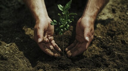 Hands carefully planting a young tree in rich soil symbolizing growth and environmental commitment with space for text or message