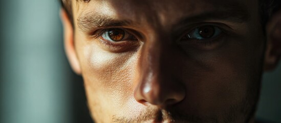Obraz premium Caucasian man with brown eyes expressing introspection with empty space for text in a close-up portrait image.