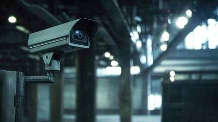 Video surveillance camera monitoring empty space in modern industrial factory setting for security and safety control purposes