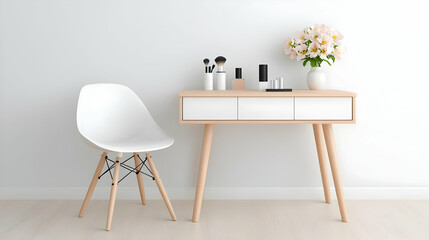 Minimalist makeup vanity with chair, flowers. Lifestyle blog, website