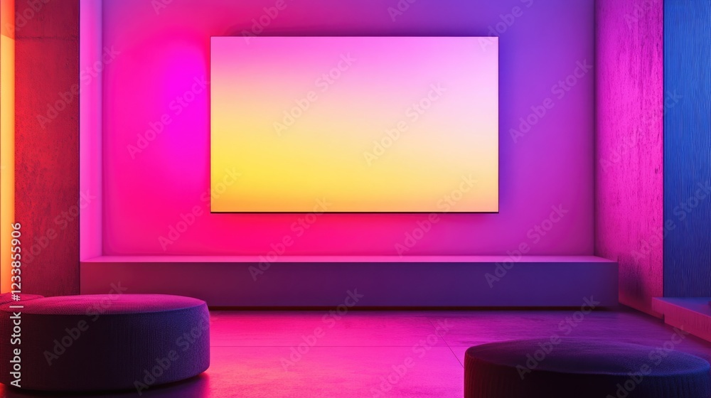 Poster Vibrant Gradient Glowing Media Wall in Modern Room with Empty Space for Text and Comfortable Seating