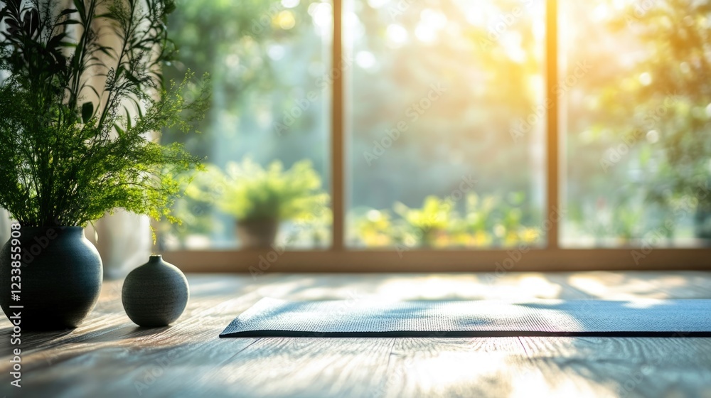 Poster Tranquil yoga studio with natural light and empty space for relaxation and wellness text in a serene and peaceful environment