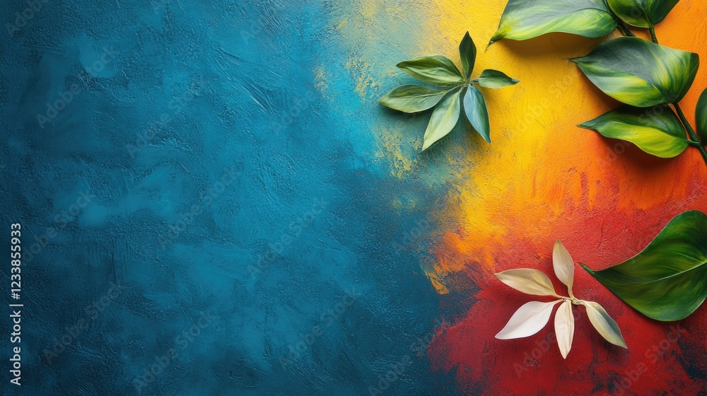 Poster Vibrant abstract background with rich colors and foliage elements providing ample space for text and creative design applications