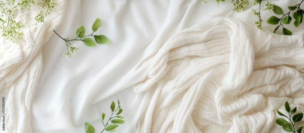 Poster elegant white textile background with soft blankets and foliage for stylish fashion concepts with am
