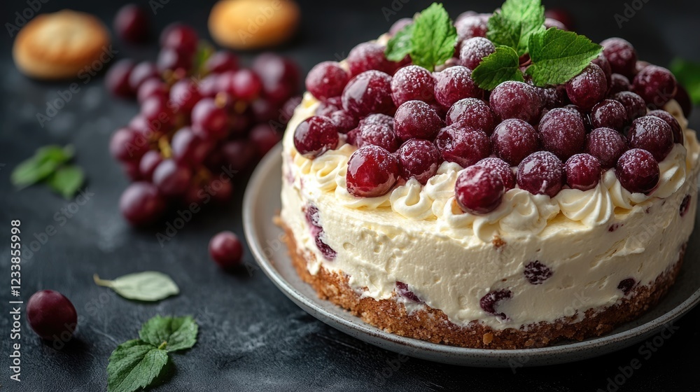 Poster Delicious cream cake topped with grapes and mint leaves on a dark surface with empty space for text above or below.