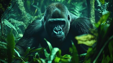 Naklejka premium Majestic Gorilla Surrounded by Dense Green Foliage in Enchanting Rainforest Environment
