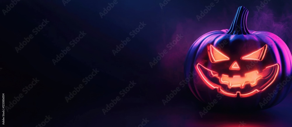 Poster Neon Pumpkin Halloween Party Banner in Retro Style with Minimalist Design and Blank Space for Text in Dark Atmospheric Background