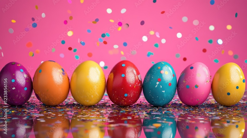 Poster Vibrant painted Easter eggs on reflective surface surrounded by colorful confetti and pink background with space for text or message