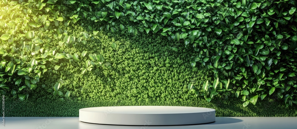 Aufkleber Three Dimensional Podium Display Against Lush Green Wall Background with Empty Copy Space for Text and Presentation Elements
