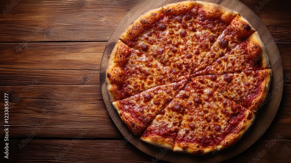 Aufkleber savory pizza on wooden board with evenly sliced pieces and ample space for custom text or branding.