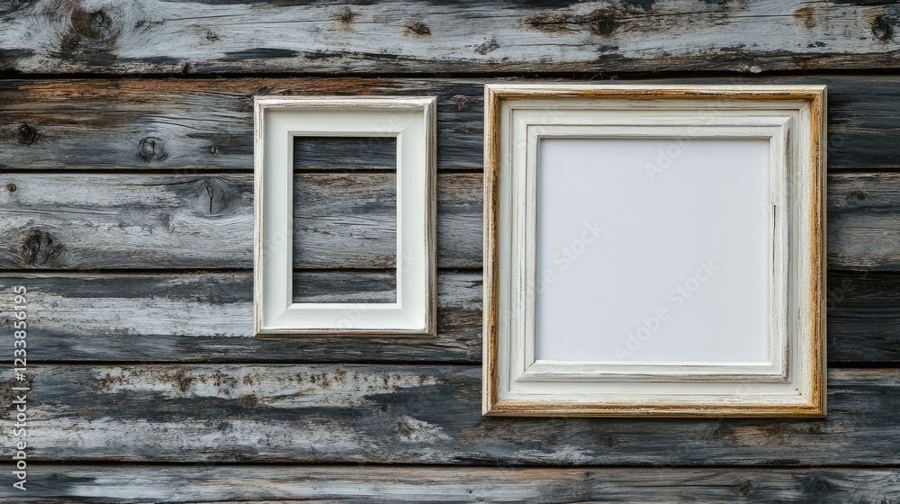 Aufkleber empty picture frames on a rustic wooden wall inviting creativity and personalization for art and pho
