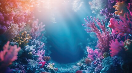 Fototapeta premium Vibrant underwater scene showcasing colorful coral reef with diverse marine life and clear space for text or overlay elements