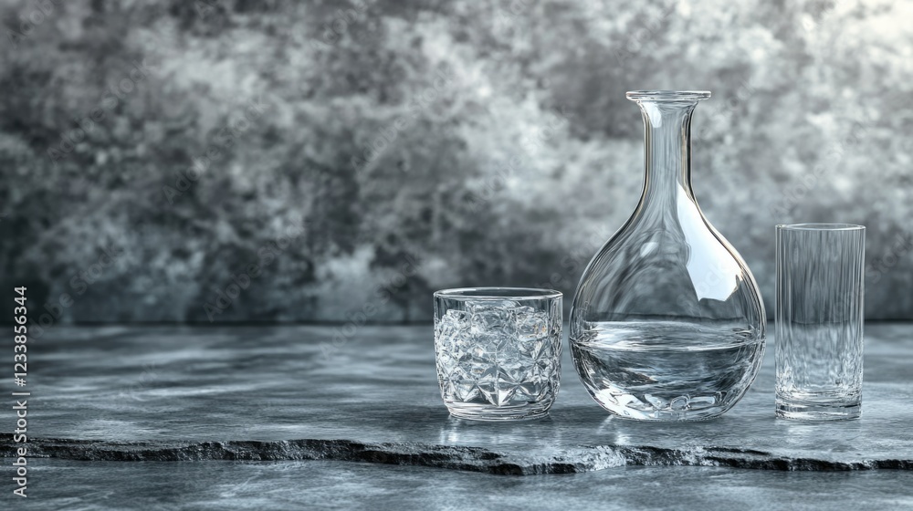 Poster elegant glass carafe and glasses arrangement on textured gray background with empty space for creati