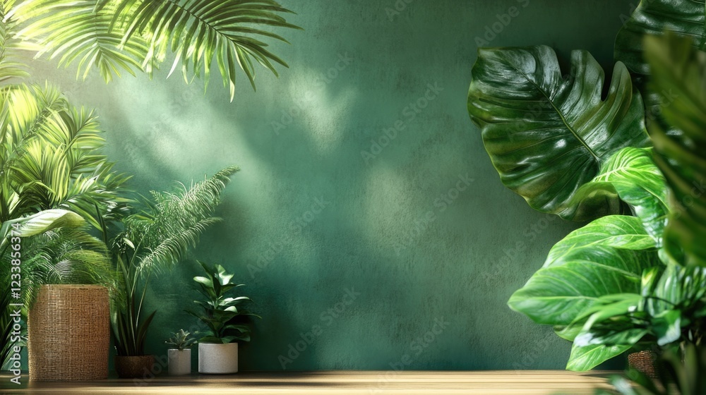 Poster tropical jungle inspired interior with lush greenery and empty copy space for custom text or brandin